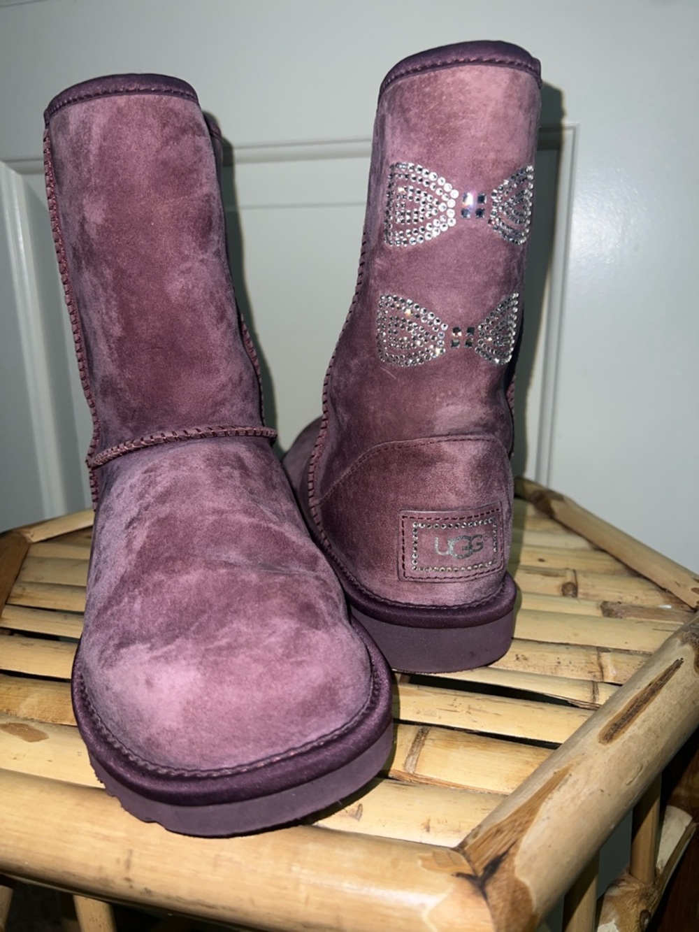 UGG Women's Rose Pink Suede Mid-Calf Boots with Crystal Bow Accents